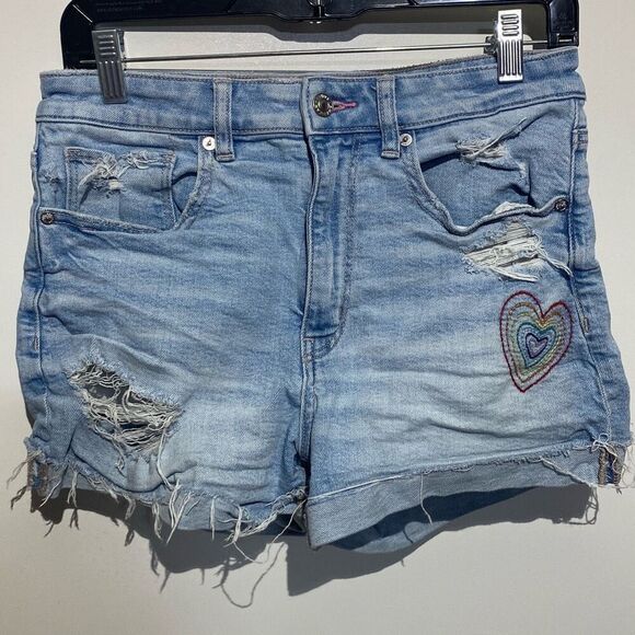 American Eagle Women's Blue Denim Stretch Heart Distressed Cut Off Shorts Size 6 - Picture 1 of 8
